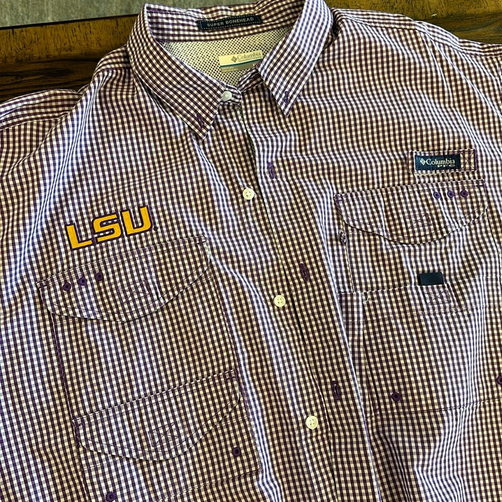 Columbia PFG LSU Logo Fishing Shirt (Size XL / TG) Purple with Gold Logo